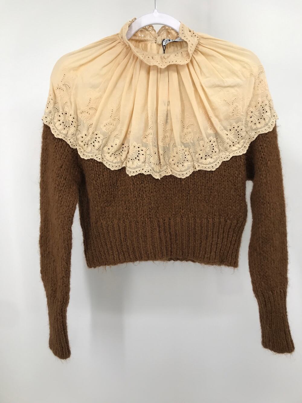 Zara Brown Mixed Media Peasant Sweater Size S